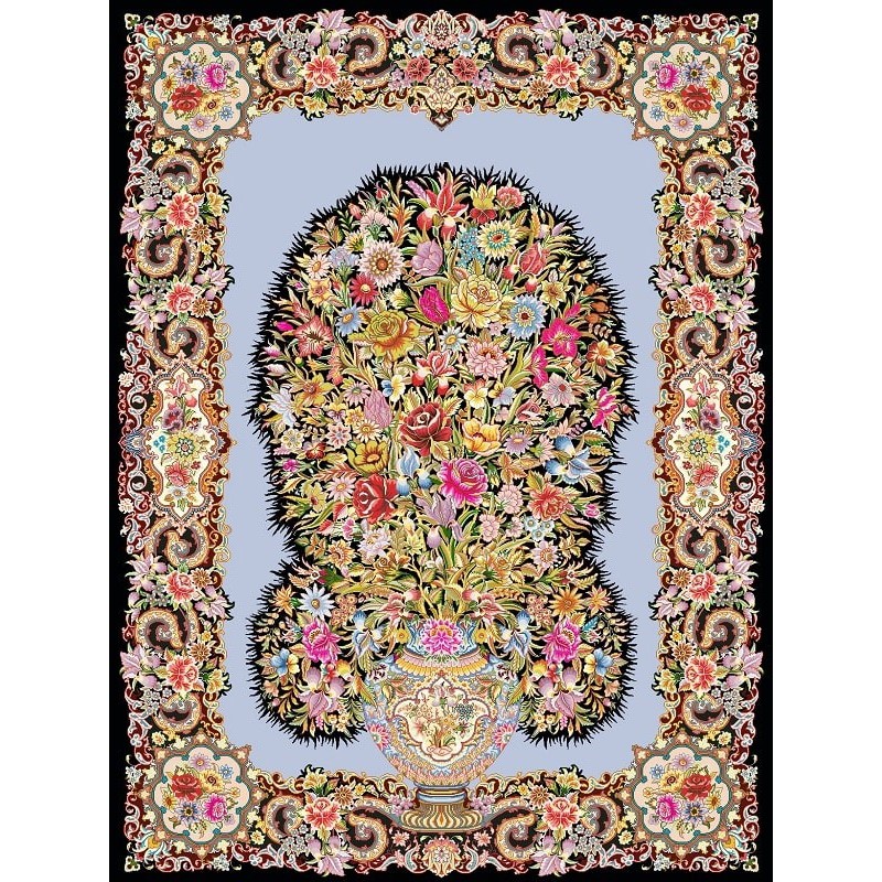 نخ و نقشه فرش تمام ابریشم کد 2 آبی فیروزه ای