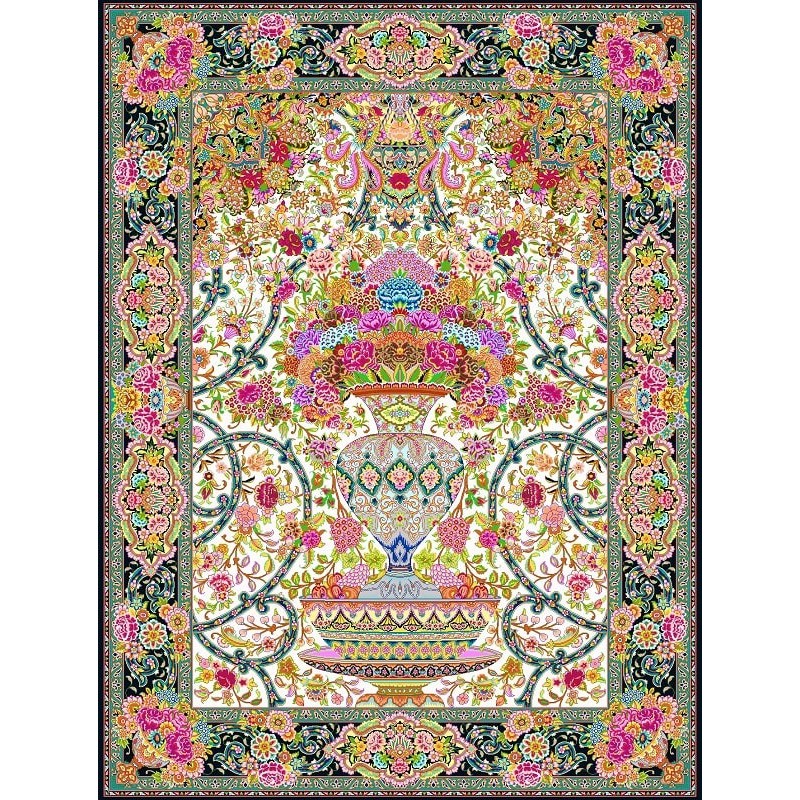 نخ و نقشه فرش تمام ابریشم کد 4 کرم