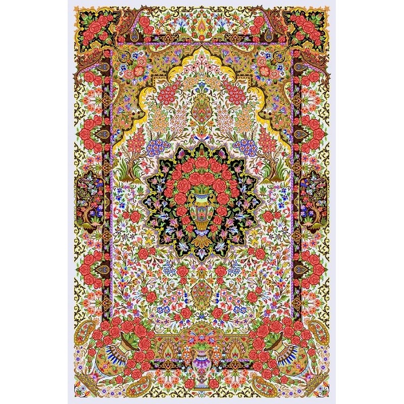 نخ و نقشه فرش تمام ابریشم کد 17 کرم آبی